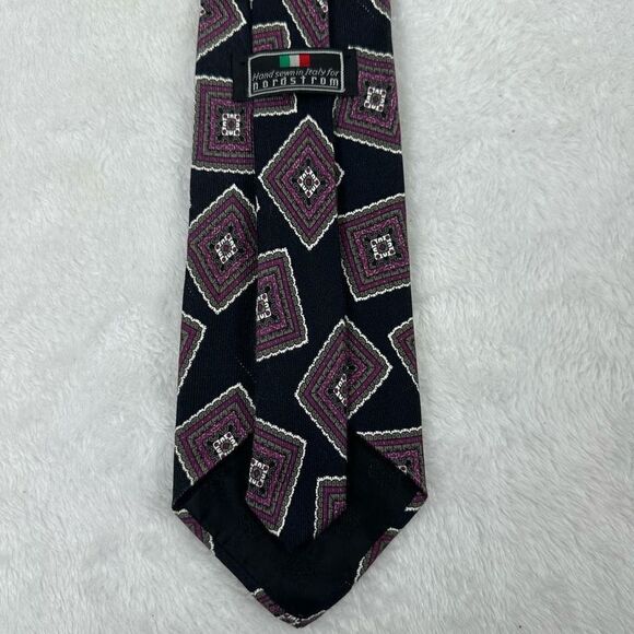 Nordstrom Necktie Square Paisley Mandala Print Black Purple 100% Silk Italian - Picture 6 of 7